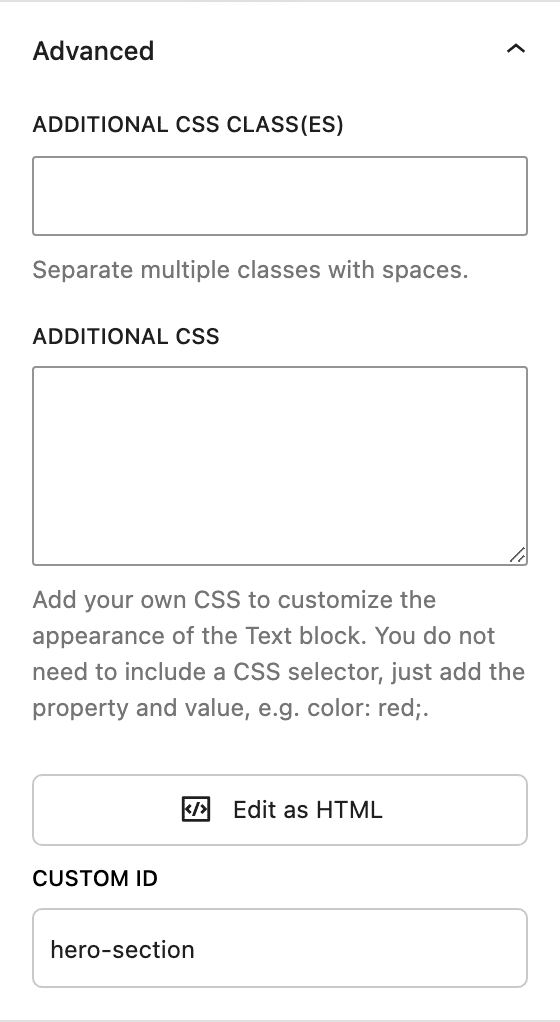 Custom ID field in the block Advanced panel
