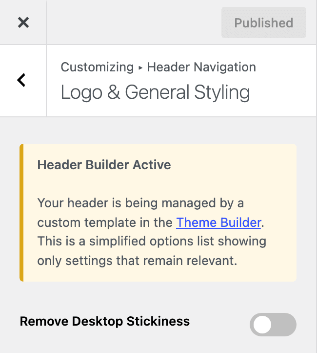 Header Builder Active notice in the Theme Customizer