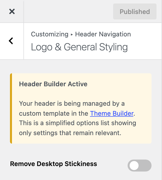 Header Builder Active notice in the Theme Customizer