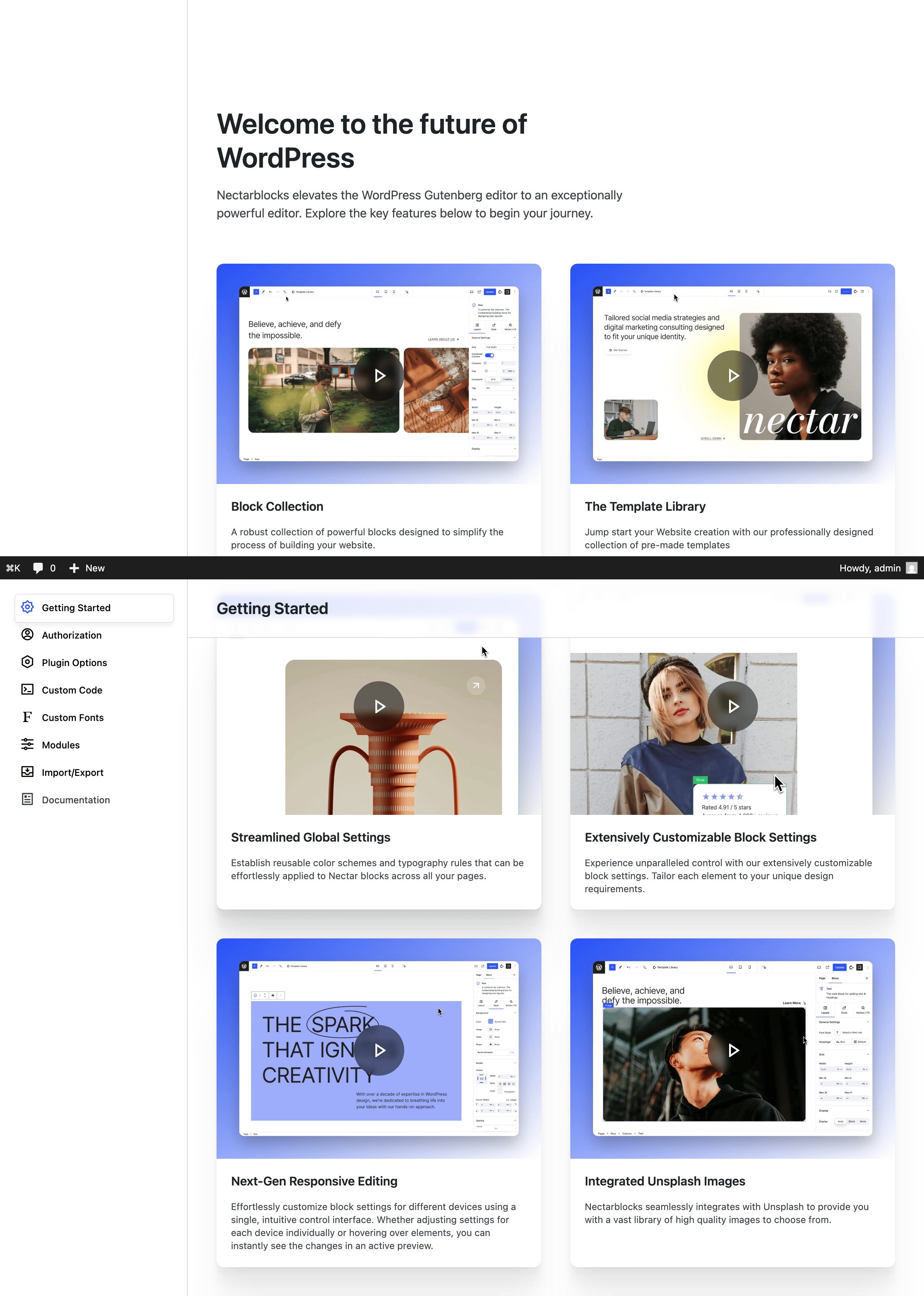 Getting Started tab in the Nectarblocks admin panel