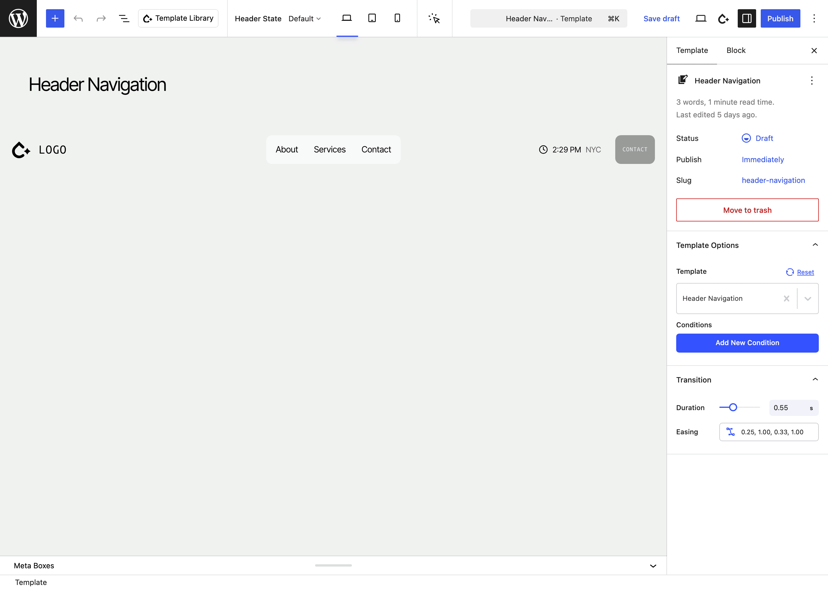 Header Navigation template open in the editor with the Header State picker in the toolbar