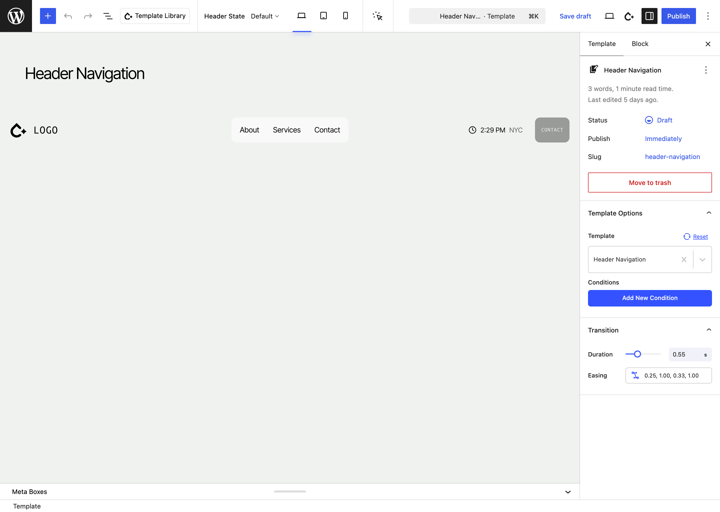 Header Navigation template open in the editor with the Header State picker in the toolbar