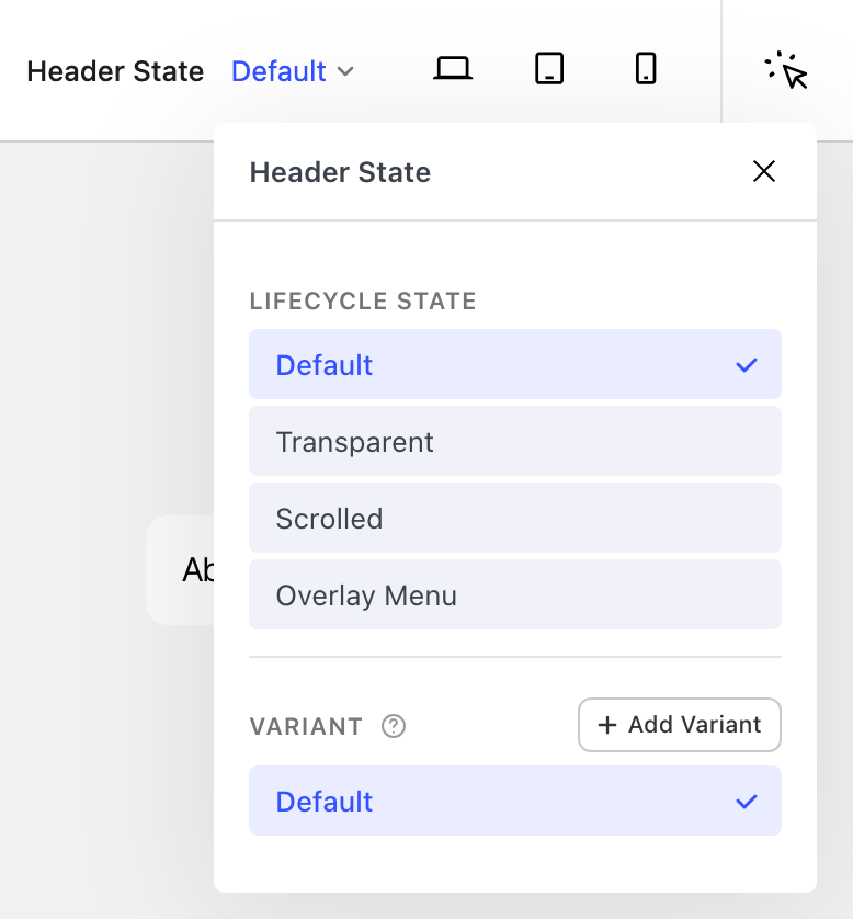 Header State picker open in the editor toolbar