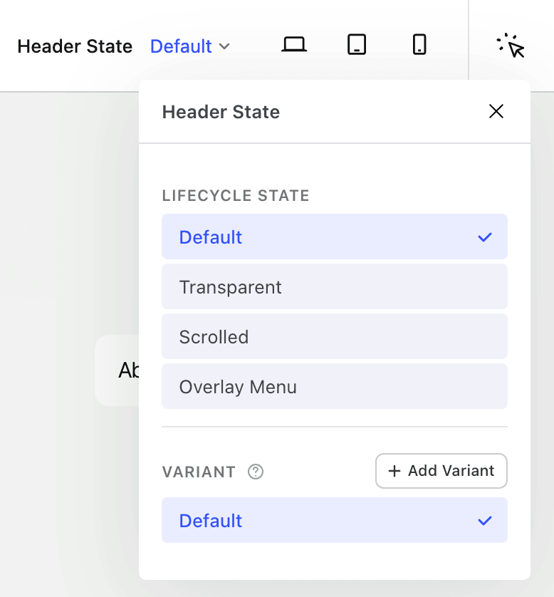 Header State picker open in the editor toolbar