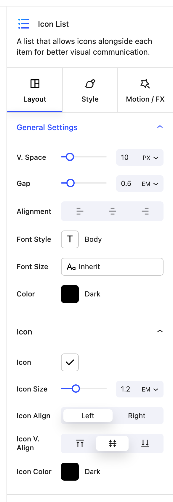 Icon List sidebar with General and Icon panels expanded