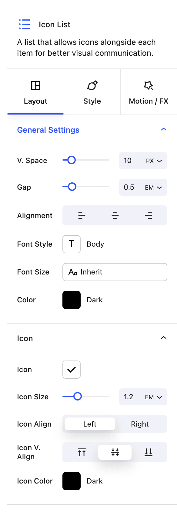 Icon List sidebar with General and Icon panels expanded