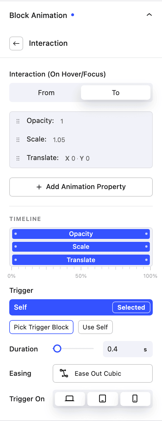 Interaction trigger settings panel