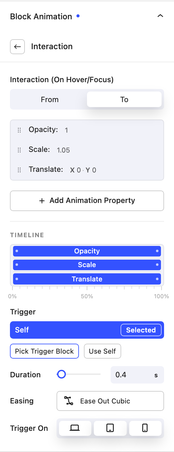 Interaction trigger settings panel
