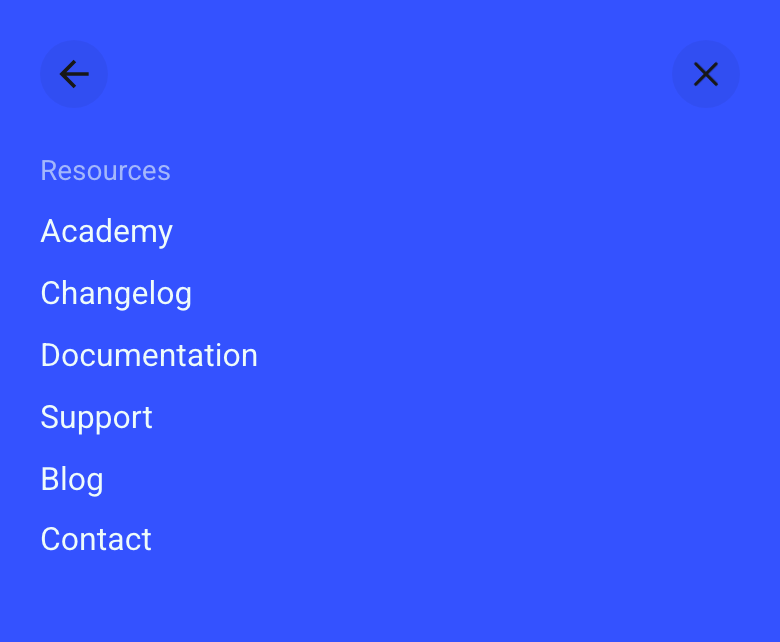 Overlay menu on a phone showing the Resources links