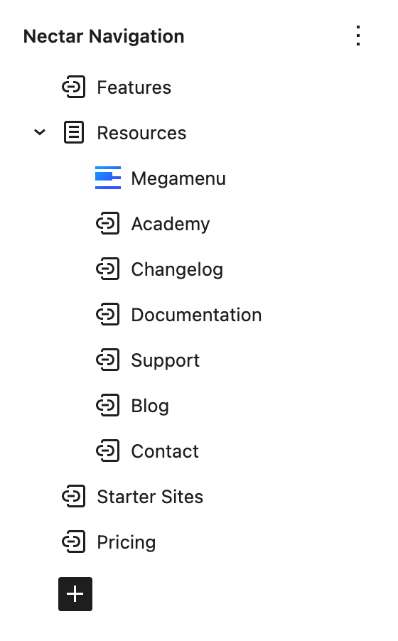 Navigation List View with the Resources submenu holding the Megamenu block and six links
