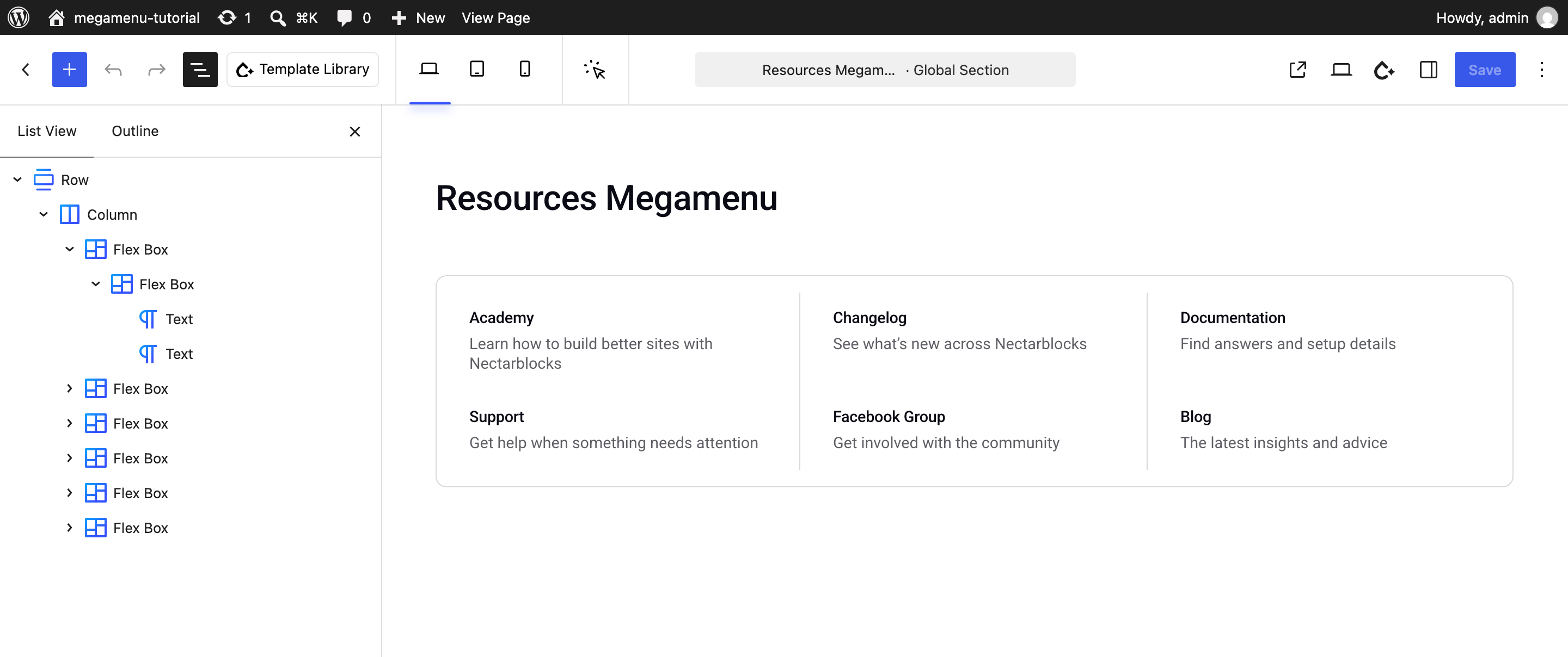 Resources Megamenu Global Section in the editor with the List View showing the block structure
