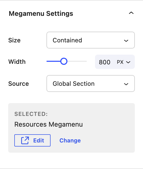 Megamenu Settings with Size set to Contained, Width 800px and the Resources Megamenu section selected