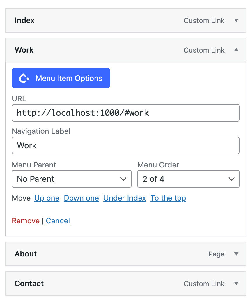 Nectarblocks Menu Options