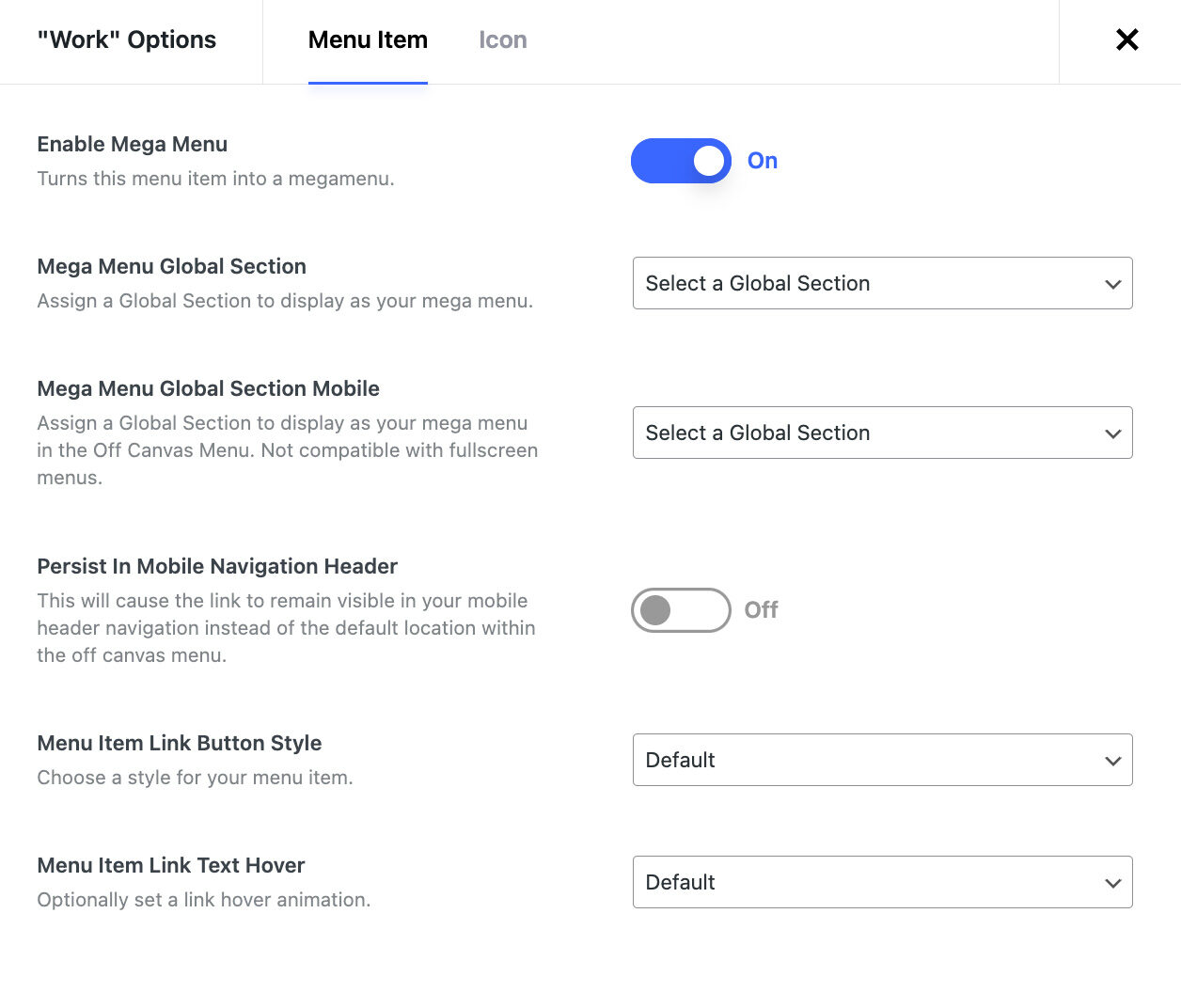 Nectarblocks Menu Options
