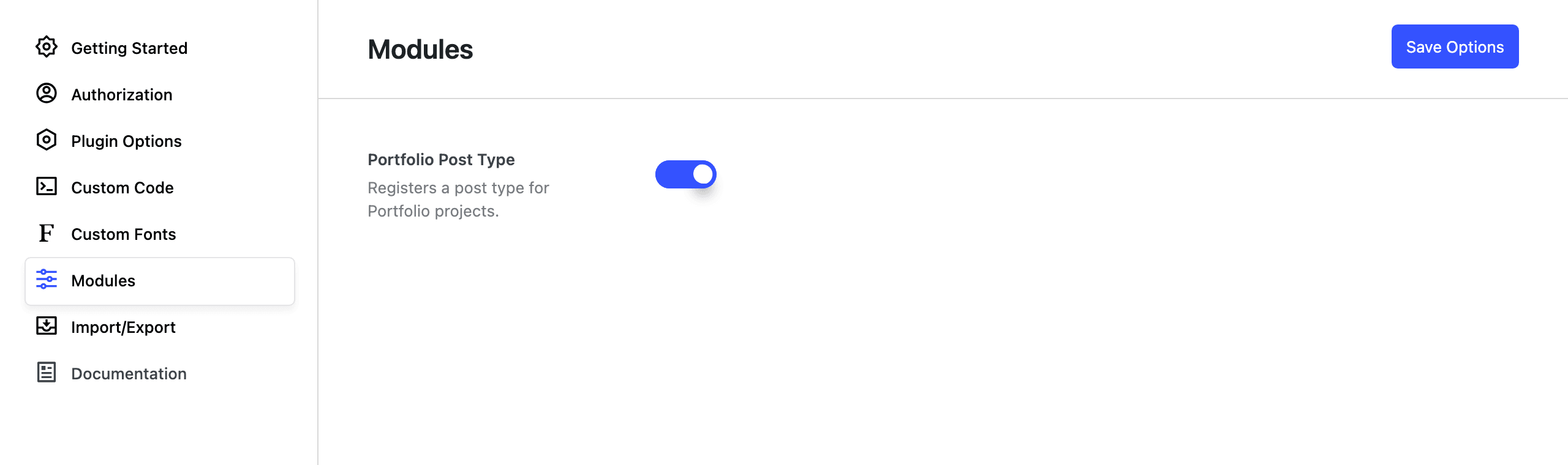 Modules tab with the Portfolio Post Type toggle