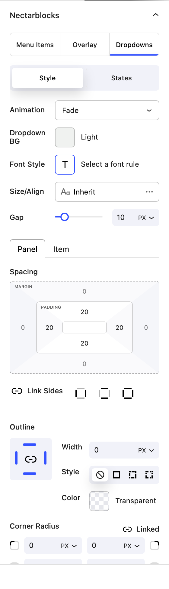 Nectar Navigation Dropdowns tab