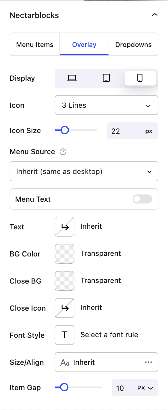 Nectar Navigation Overlay Menu tab