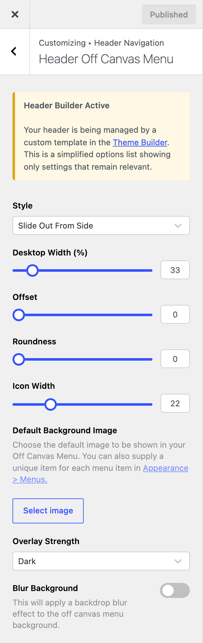 Header Off Canvas Menu section in the Customizer with the Header Builder Active notice