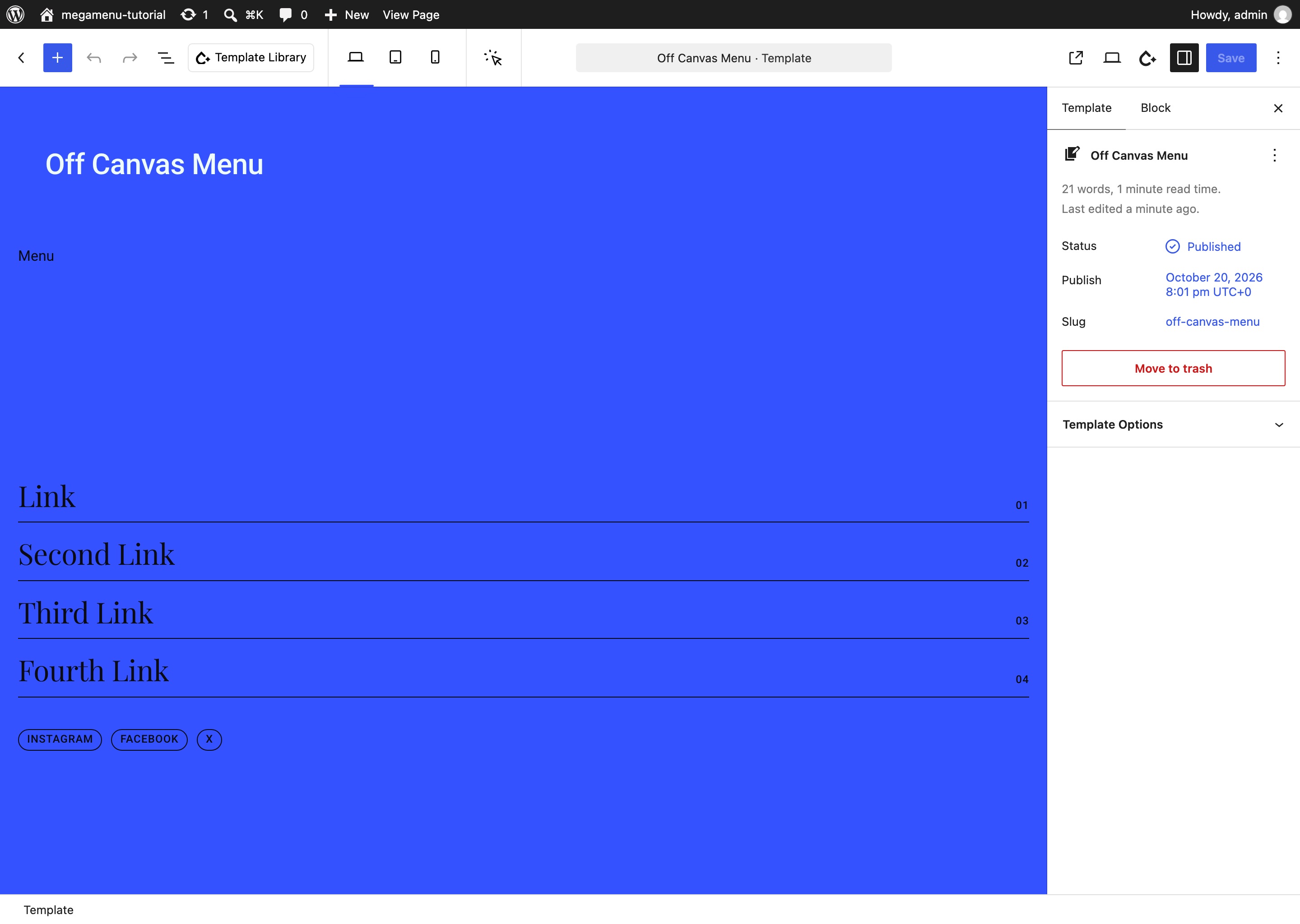 Off Canvas Menu template open in the editor with the starter layout