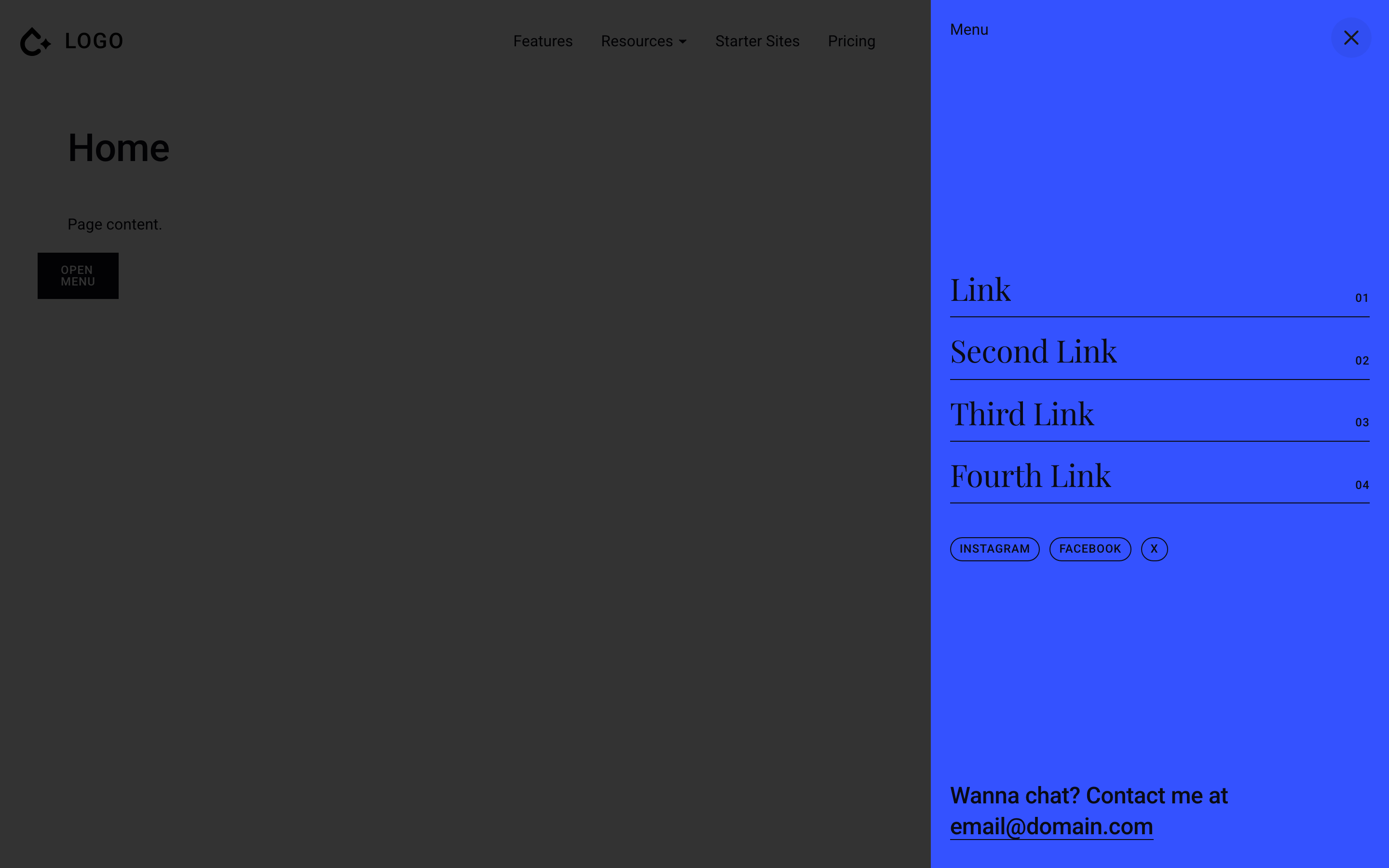 Off Canvas Menu template open over the page, launched from an Open menu button