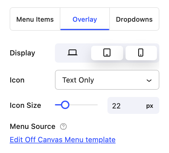 Navigation block Overlay tab with Display, Icon, Icon Size and the Edit Off Canvas Menu template link