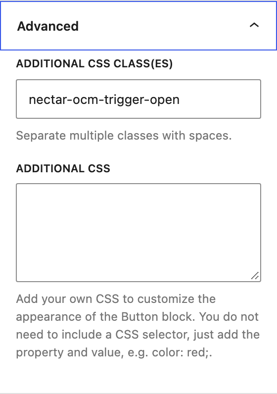 Button block Advanced panel with nectar-ocm-trigger-open in Additional CSS classes
