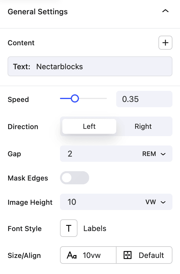 Nectarblocks Scrolling Marquee Settings
