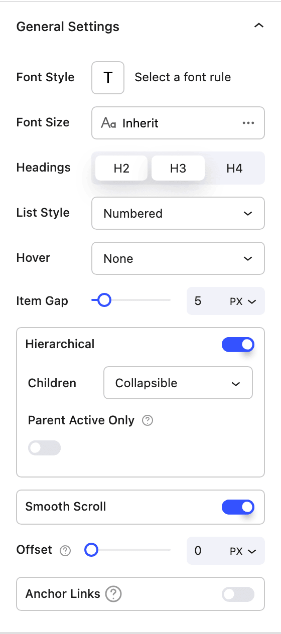 Nectar Table of Contents Settings