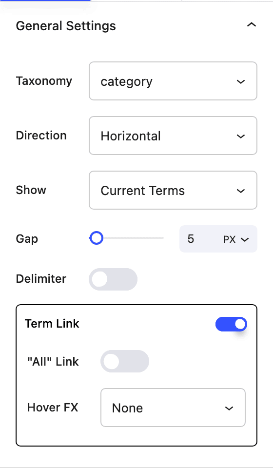 Taxonomy Terms sidebar with General settings and taxonomy selector