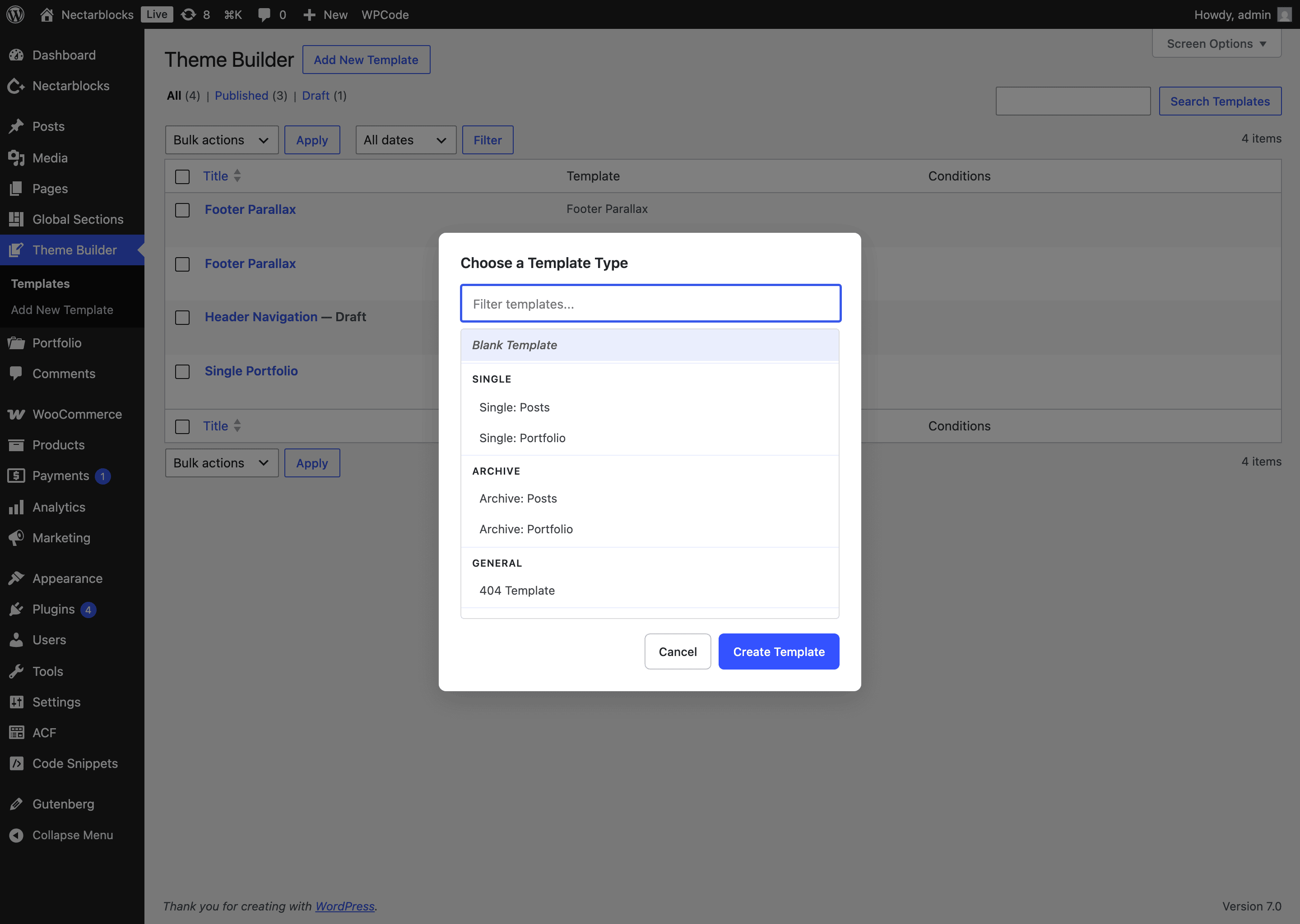 Theme Builder template list with the Create Template chooser open