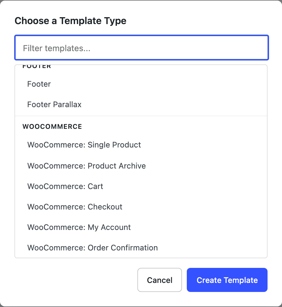 Theme Builder template chooser showing the WooCommerce group