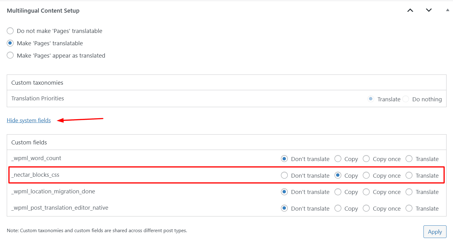 WPML Multilingual Content Setup showing the _nectar_blocks_css field